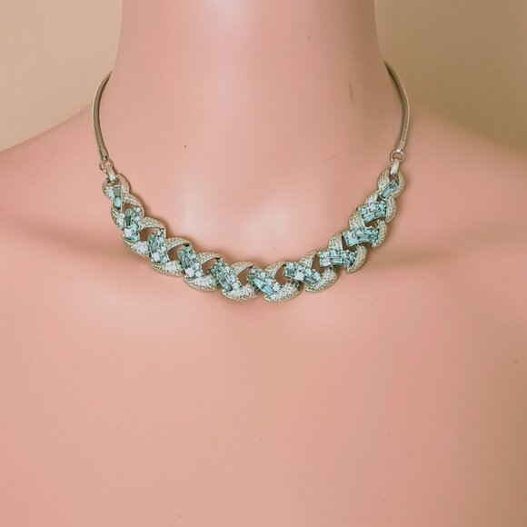 Coro Blue Baguette Collar Necklace 16" Brushed Silver Tone Link Choker - Picture 5 of 8